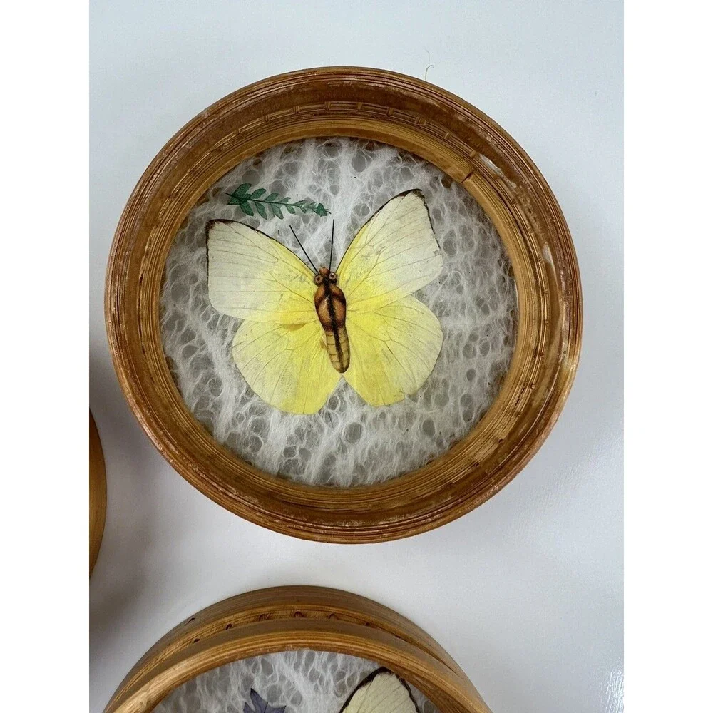 Set Of 3 Vintage Paper Butterfly Bamboo Coasters Bohemian Boho Replacements Gift